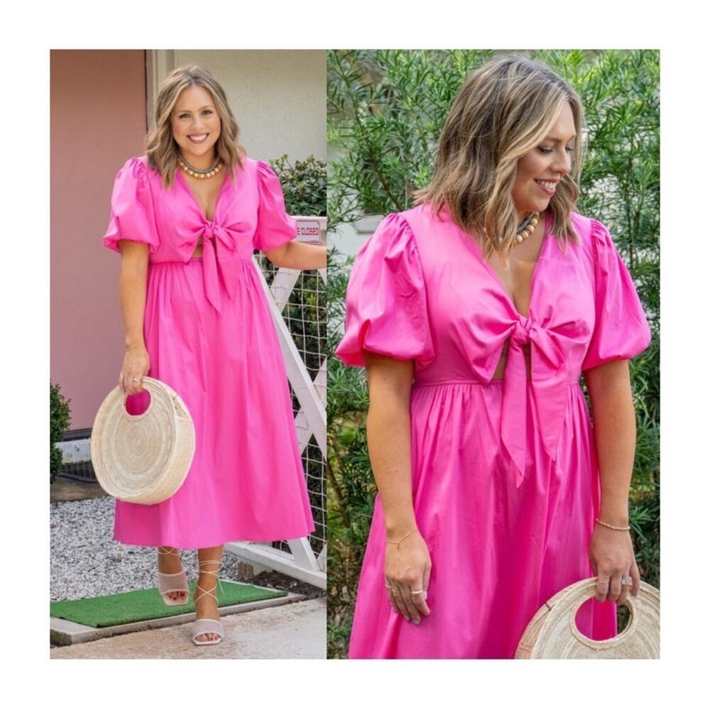 CROSBY by Mollie Burch Hot Pink Midi Tie-Front Puff Sleeve Dress